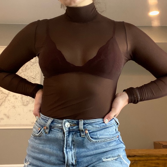 Tops | Sheer Brown Long Sleeve Fitted 